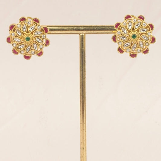 Ruby-Accented Jadau Kundan Floral Stud Earrings