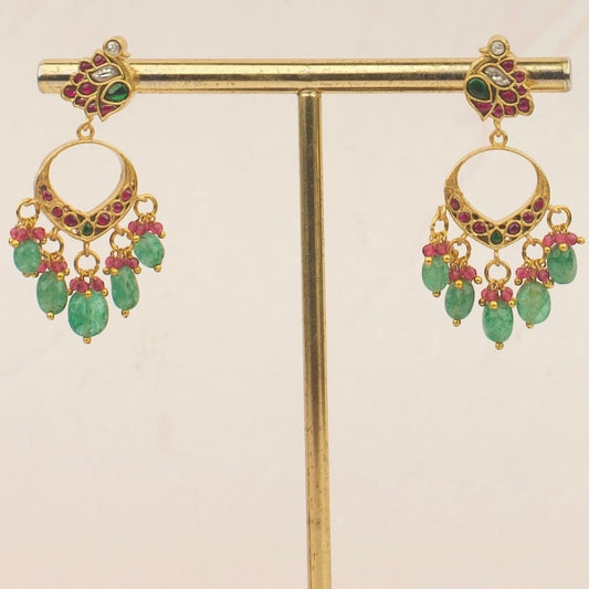 Elegant Peacock Feather Jadau Kundan Chandbali Earrings