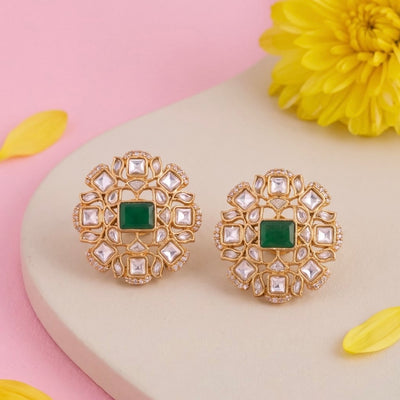 Unique Jadau Kundan Stud Earrings With Emerald Center