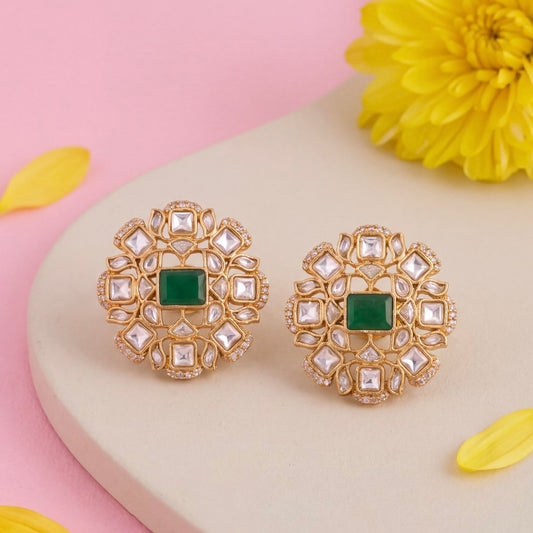 Unique Jadau Kundan Stud Earrings With Emerald Center