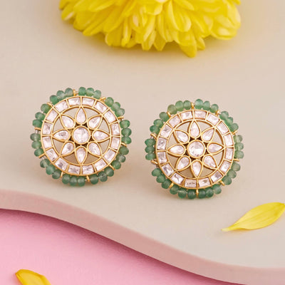 Moissanite Polki Stud Earrings With Green Beads Bordering - Handcrafted Indian Bridal Jewelry by Dulhan Jewels
