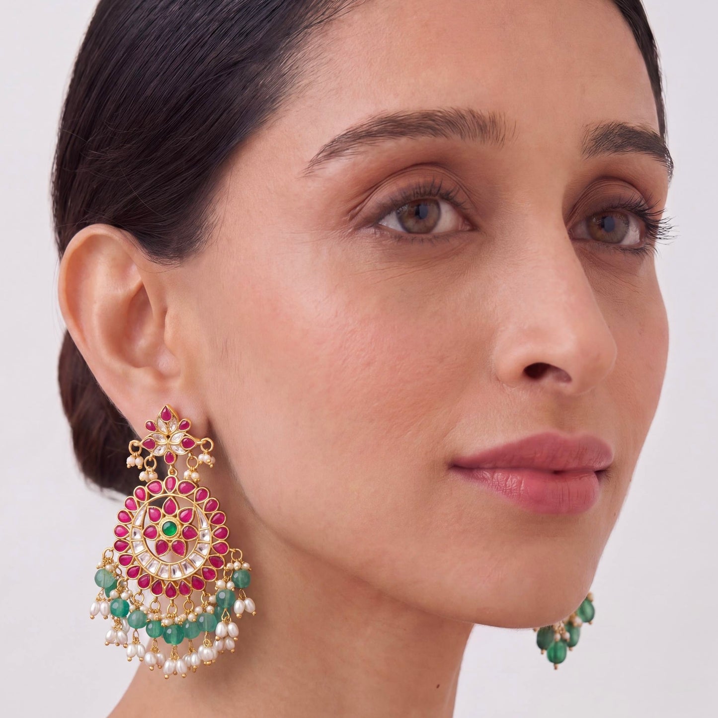 Floral Design Jadau Kundan Chandbali Earrings With Ricepearl