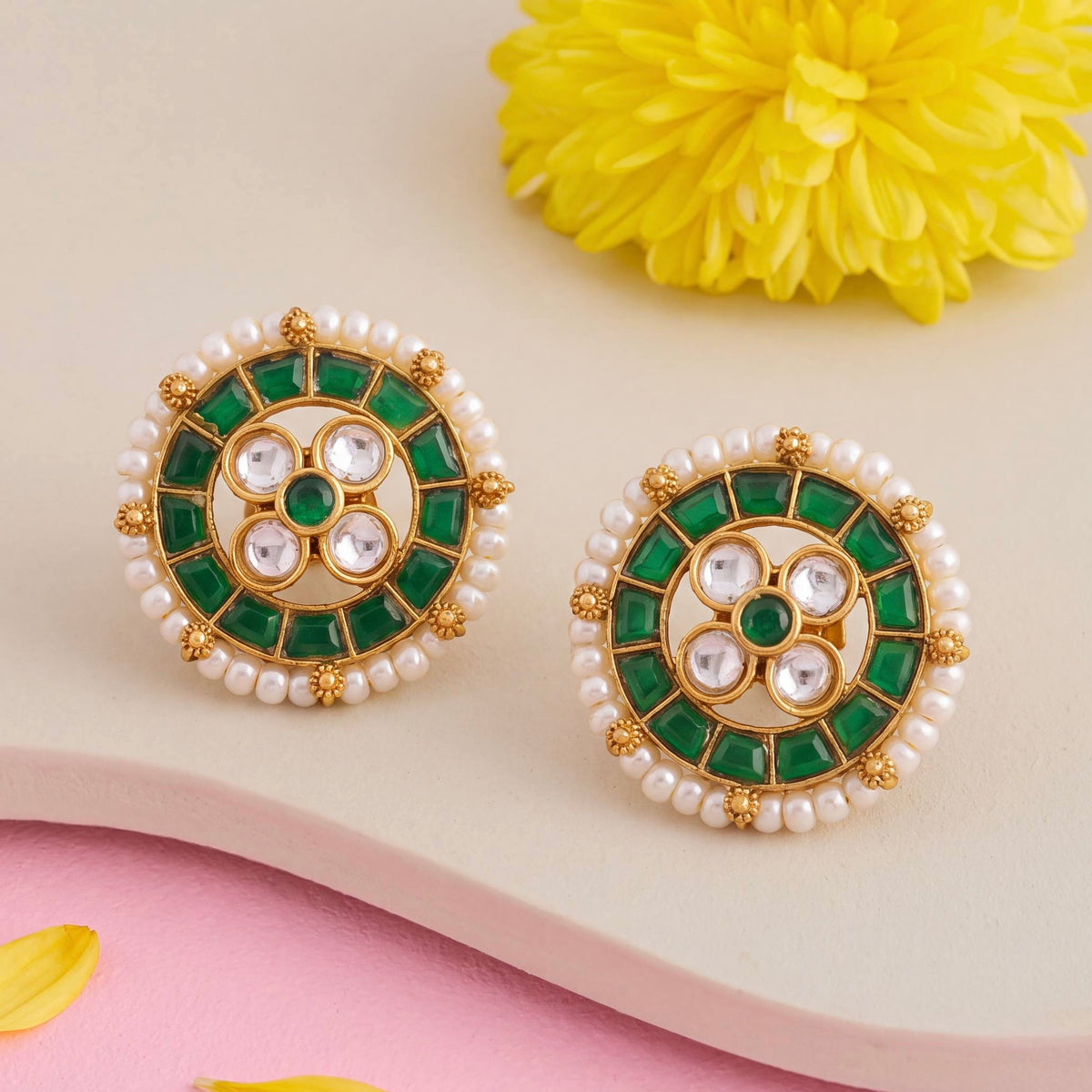 Jadau Kundan Polki Earrings With Pearl Detailing - Handcrafted Indian Bridal Jewelry by Dulhan Jewels