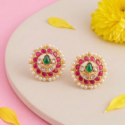 Designer Jadau Kundan Studs With Pearl Bordering - Handcrafted Indian Bridal Jewelry by Dulhan Jewels