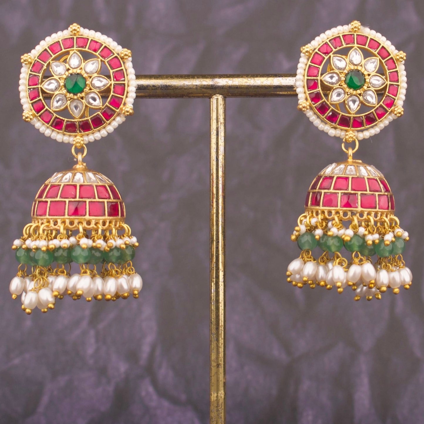 Elegant Jhumki Earrings With Green Beads And Pearl Border