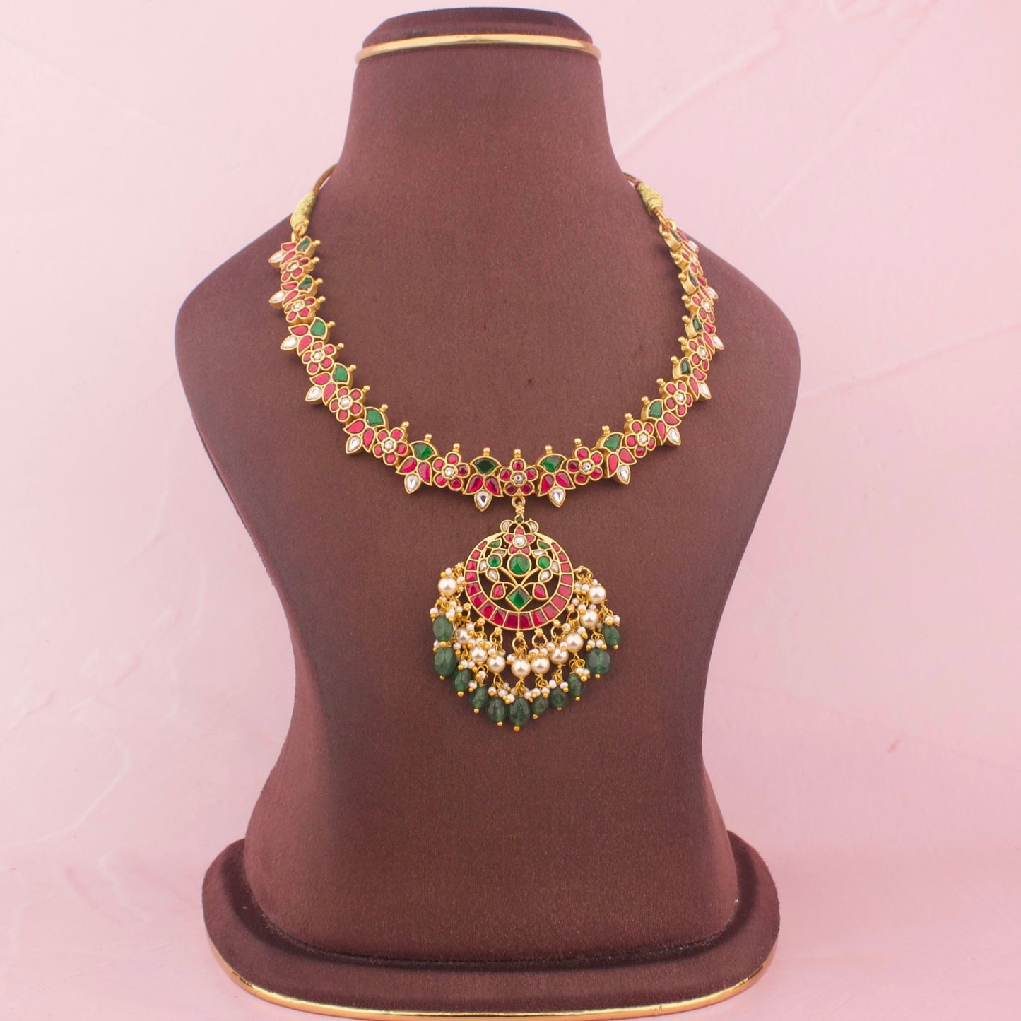 Floral Design Jadau Kundan Necklace With Green Drops - Handcrafted Indian Bridal Jewelry by Dulhan Jewels