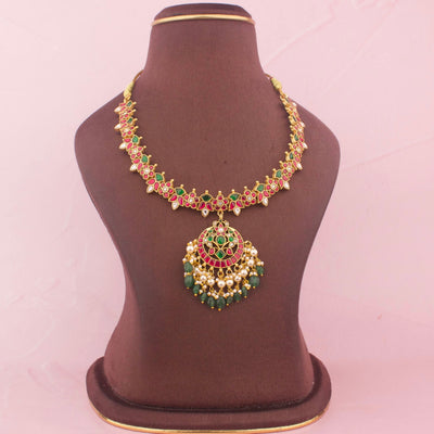Floral Design Jadau Kundan Necklace With Green Drops