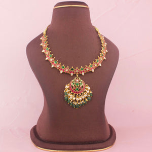 Floral Design Jadau Kundan Necklace With Green Drops