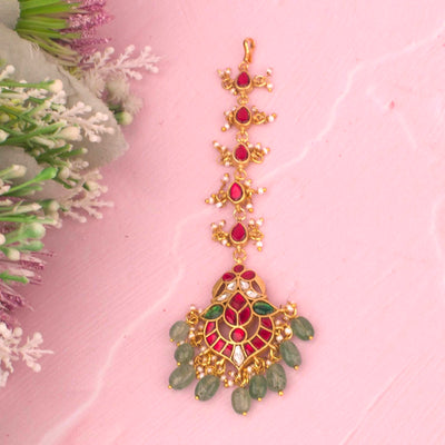 Regal Jadau Kundan Maang Tikka With Green Drops