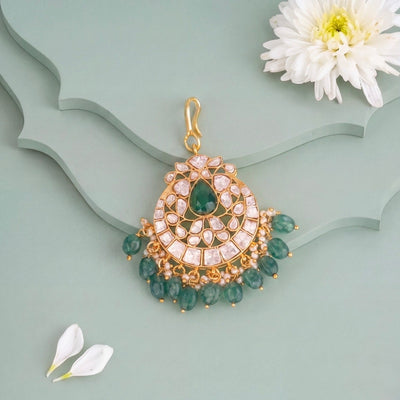 Unique Polki Maang Tikka With Emerald Hangings