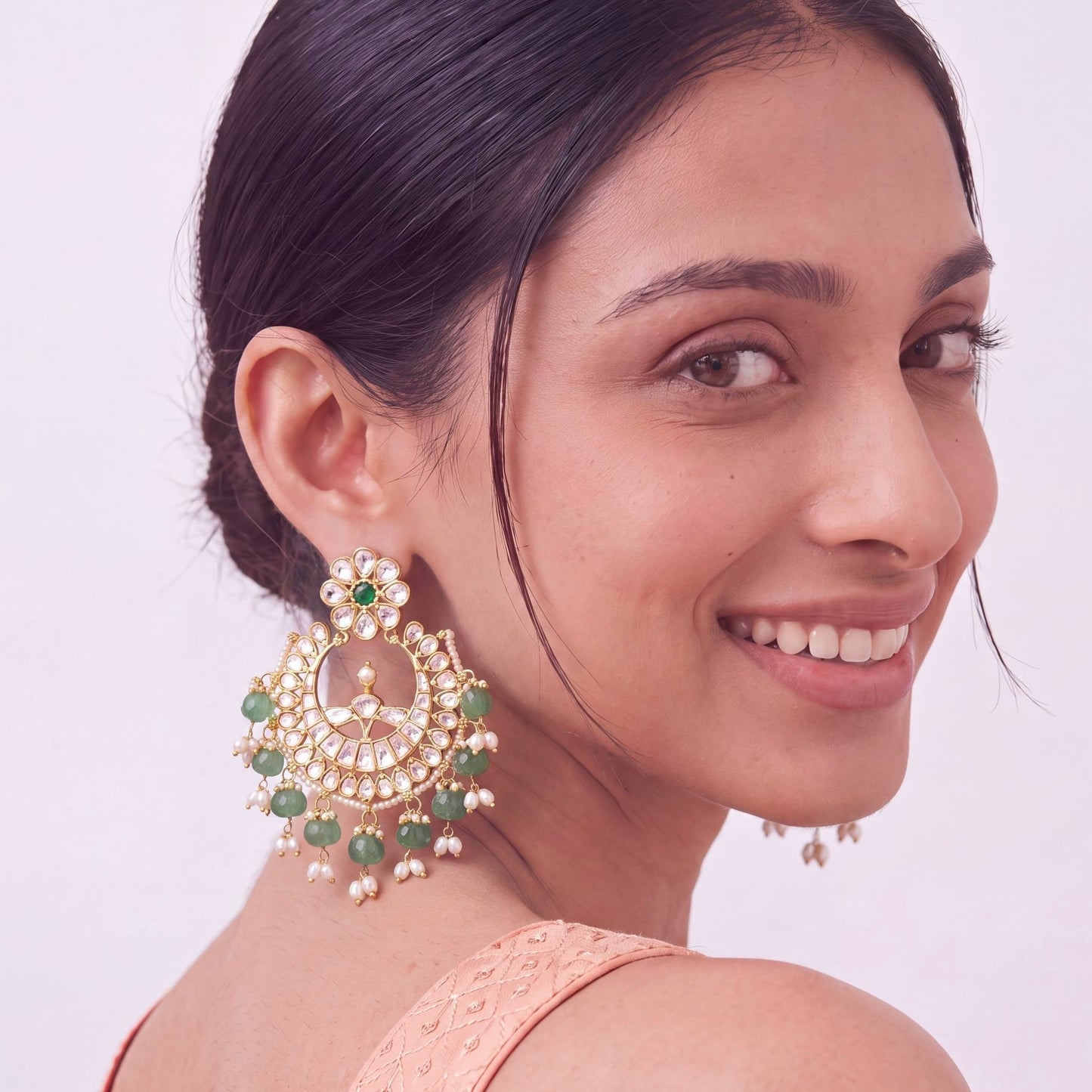 Bridal Polki Chandbali Earrings With Green Beads And Pearl Hangings