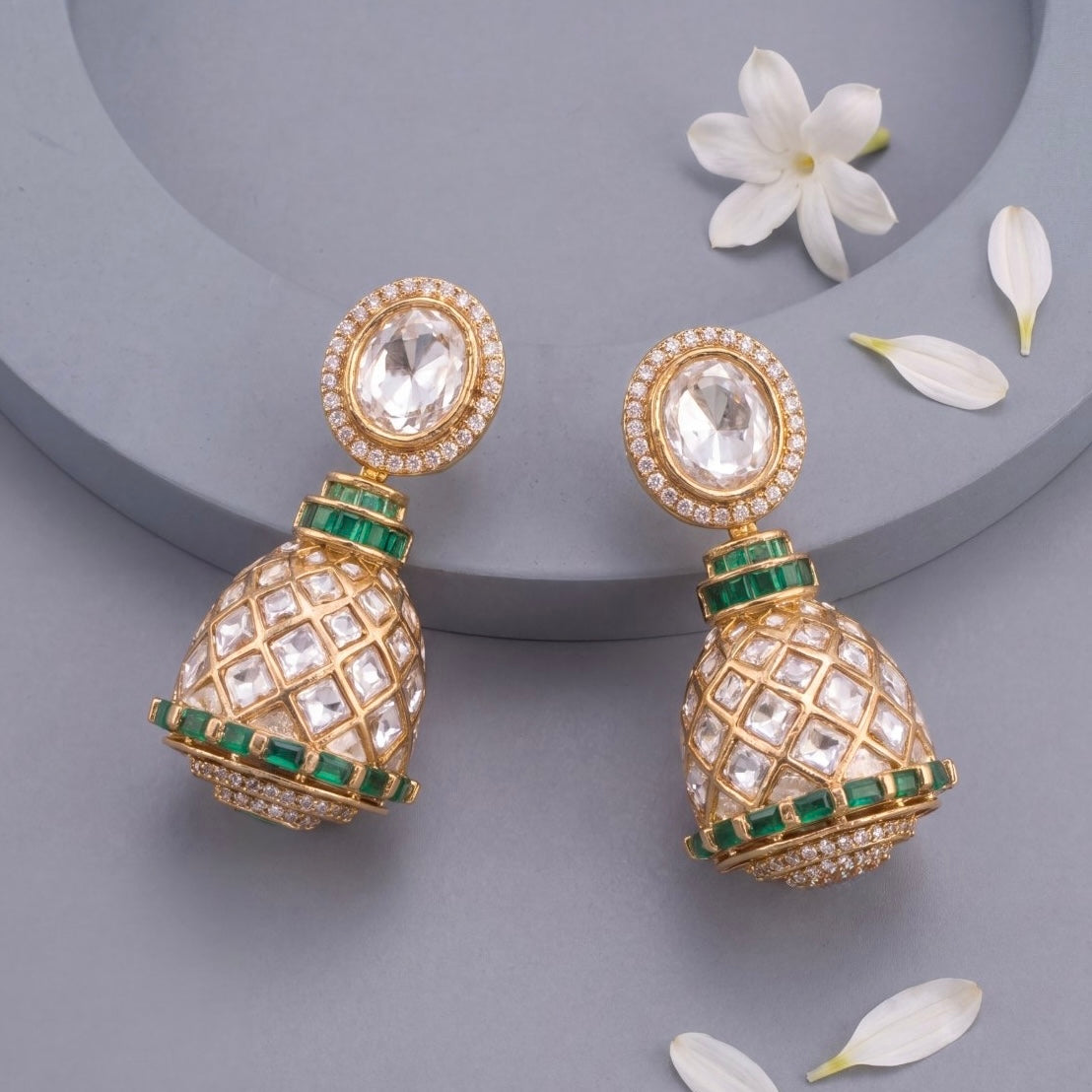 Designer Victorian Polki Dome Jhumka Earrings - Handcrafted Indian Bridal Jewelry by Dulhan Jewels