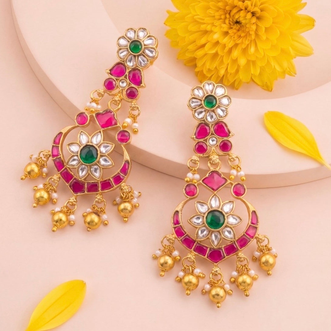 Traditional Crescent Design Jadau Kundan Chandbali Earrings With Ruby And Emerald Stones - Handcrafted Indian Bridal Jewelry by Dulhan Jewels