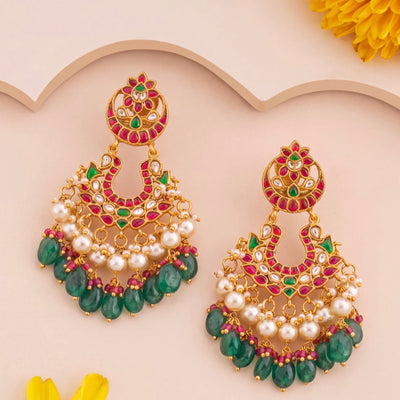 Bridal Jadau Kundan Chandbali Earrings With Emerald Drops - Handcrafted Indian Bridal Jewelry by Dulhan Jewels