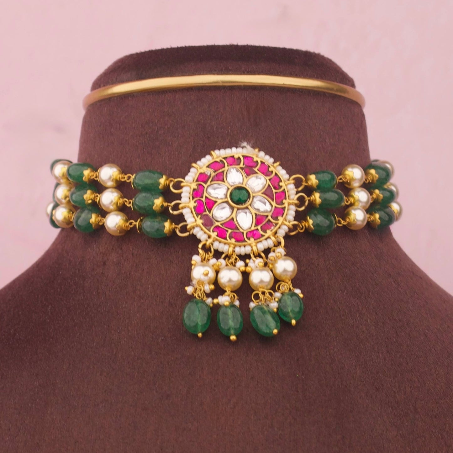 Ethnic Jadau Kundan Beads Choker Floral Pendant