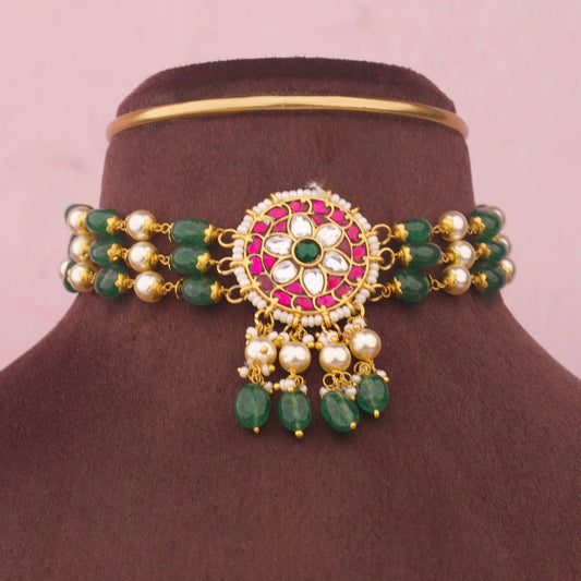 Ethnic Jadau Kundan Beads Choker Floral Pendant