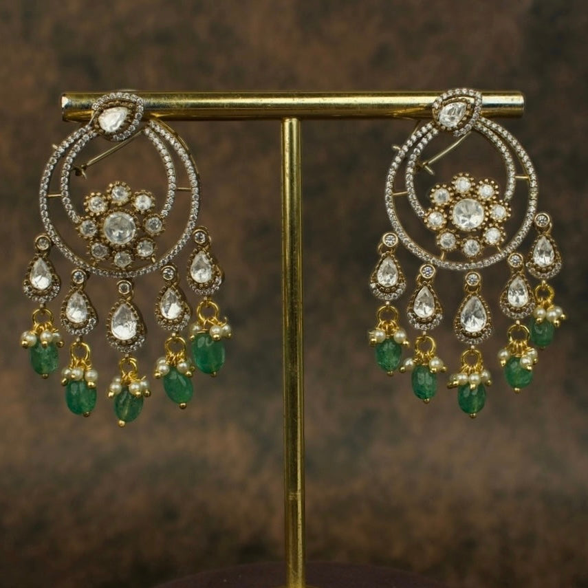 Exquisite Dangling Victorian Polki Chandbali Earrings with Emerald Drops