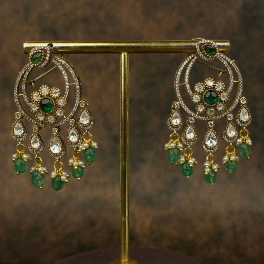 Exquisite Dangling Victorian Polki Chandbali Earrings with Emerald Drops