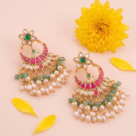 Floral Studded Jadau Kundan Chandbali Earrings