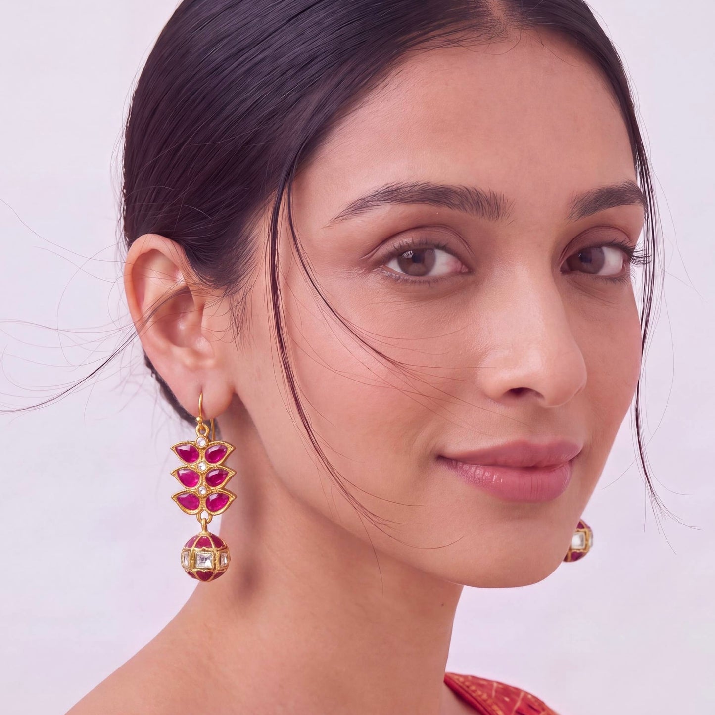 Unique Jadau Kundan Hanging Earrings With Kundan Ball As Droplet Craftsmanship & Detail View - Dulhan Jewels