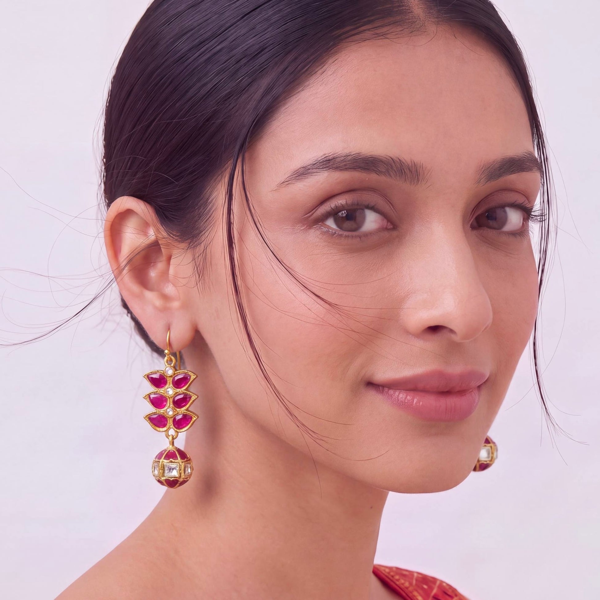 Unique Jadau Kundan Hanging Earrings With Kundan Ball As Droplet Craftsmanship & Detail View - Dulhan Jewels