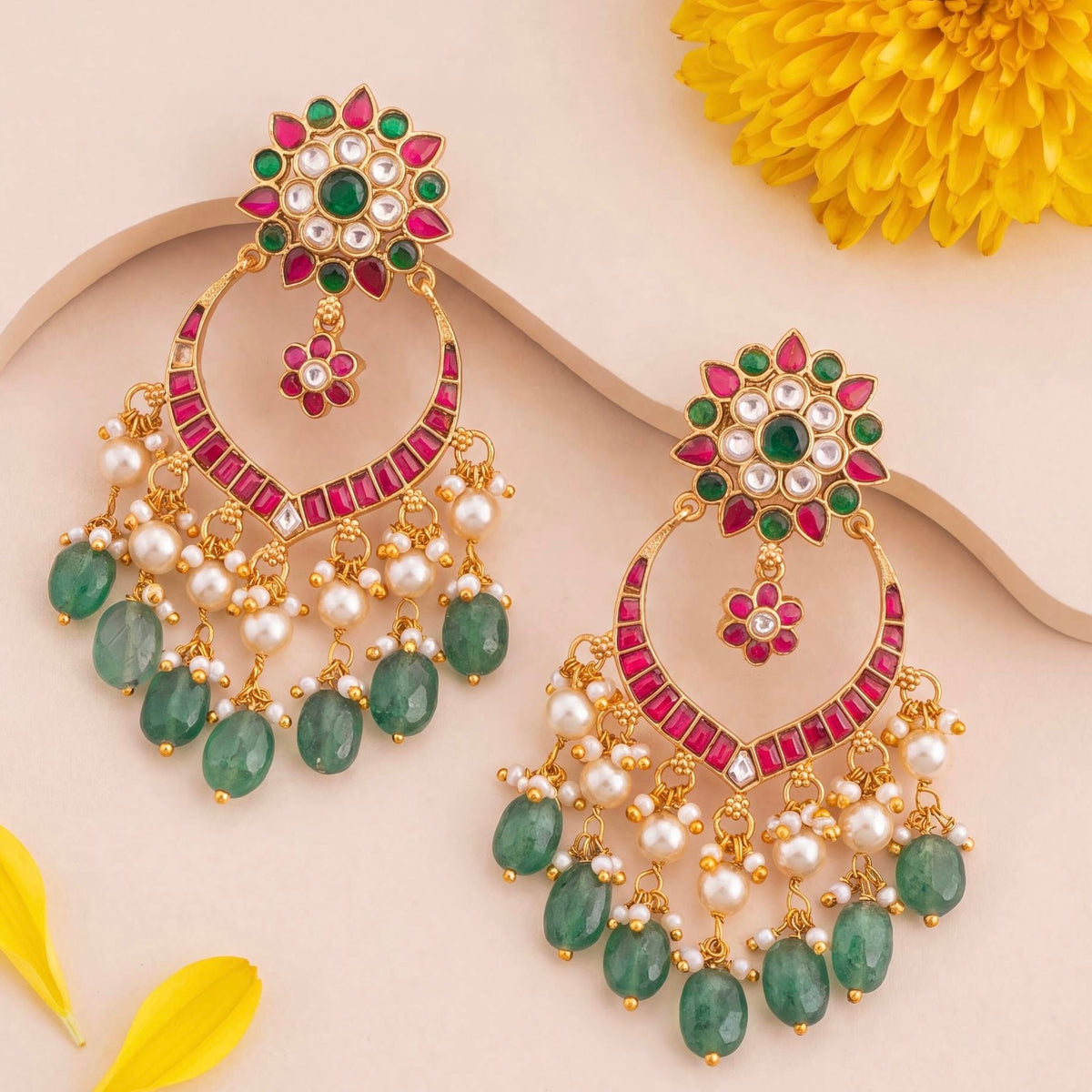 Floral Studded Jadau Kundan Chandbali Earrings With Emerald Beads