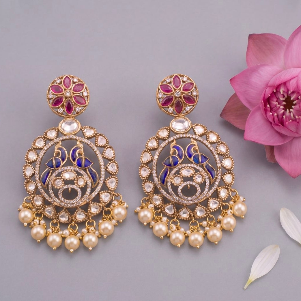 Multicolour Victorian Chandbali Earrings With Swarovski Pearls - Handcrafted Indian Bridal Jewelry by Dulhan Jewels