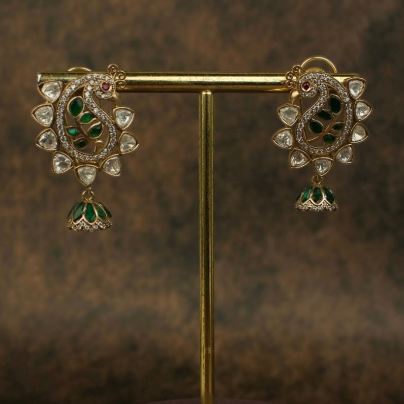 Peacock Studded Kundan Polki Jhumka Earrings