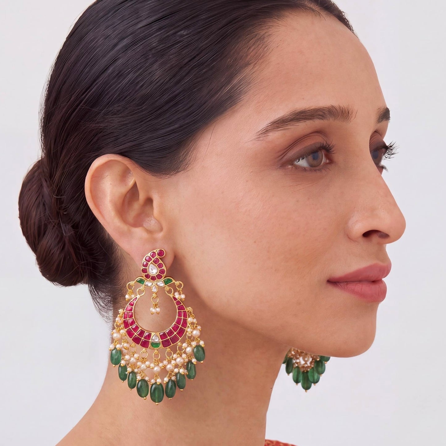 Ethnic Jadau Kundan Chandbali Earrings With Pearl Drops