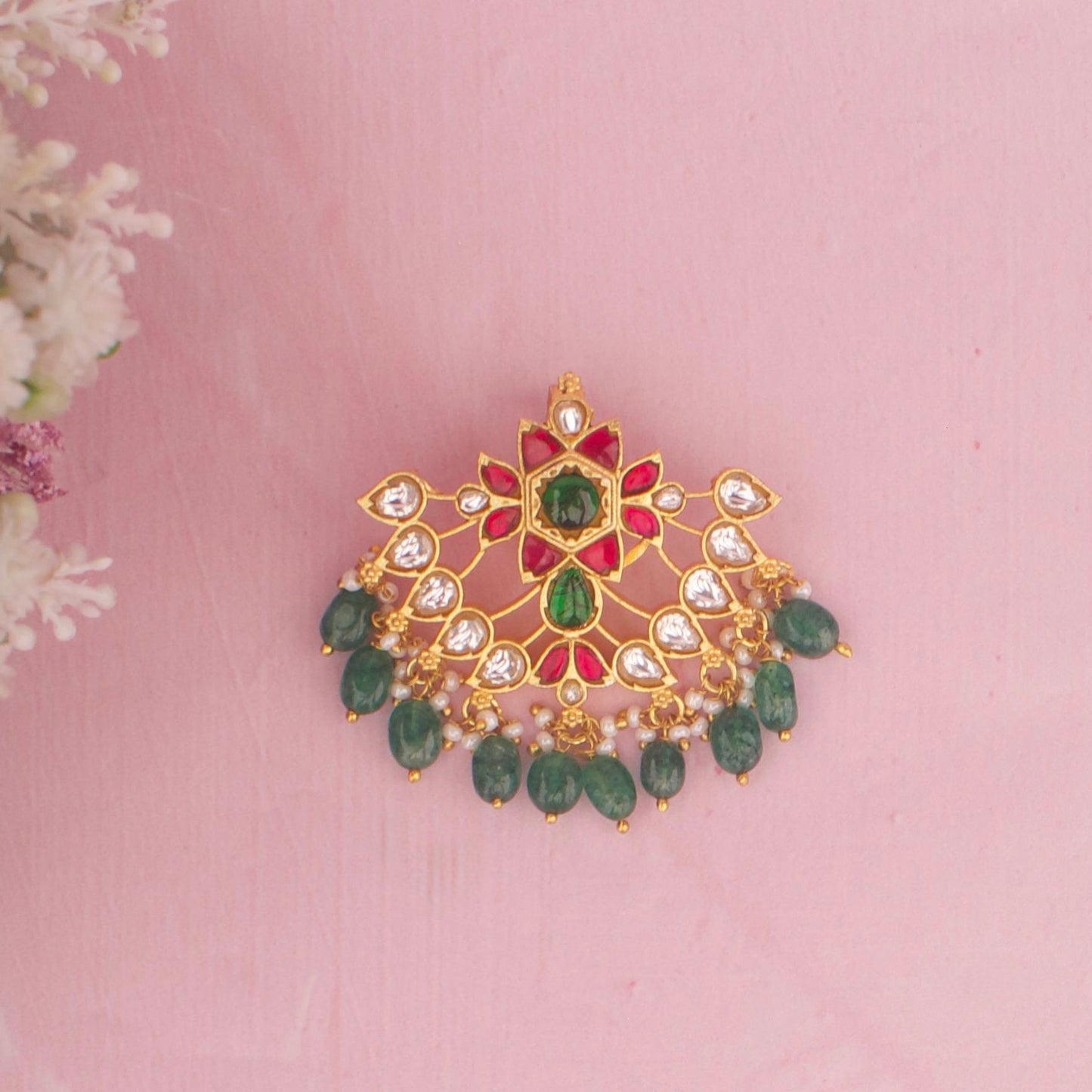 Mini Jadau Kundan Pendant With Green Beads