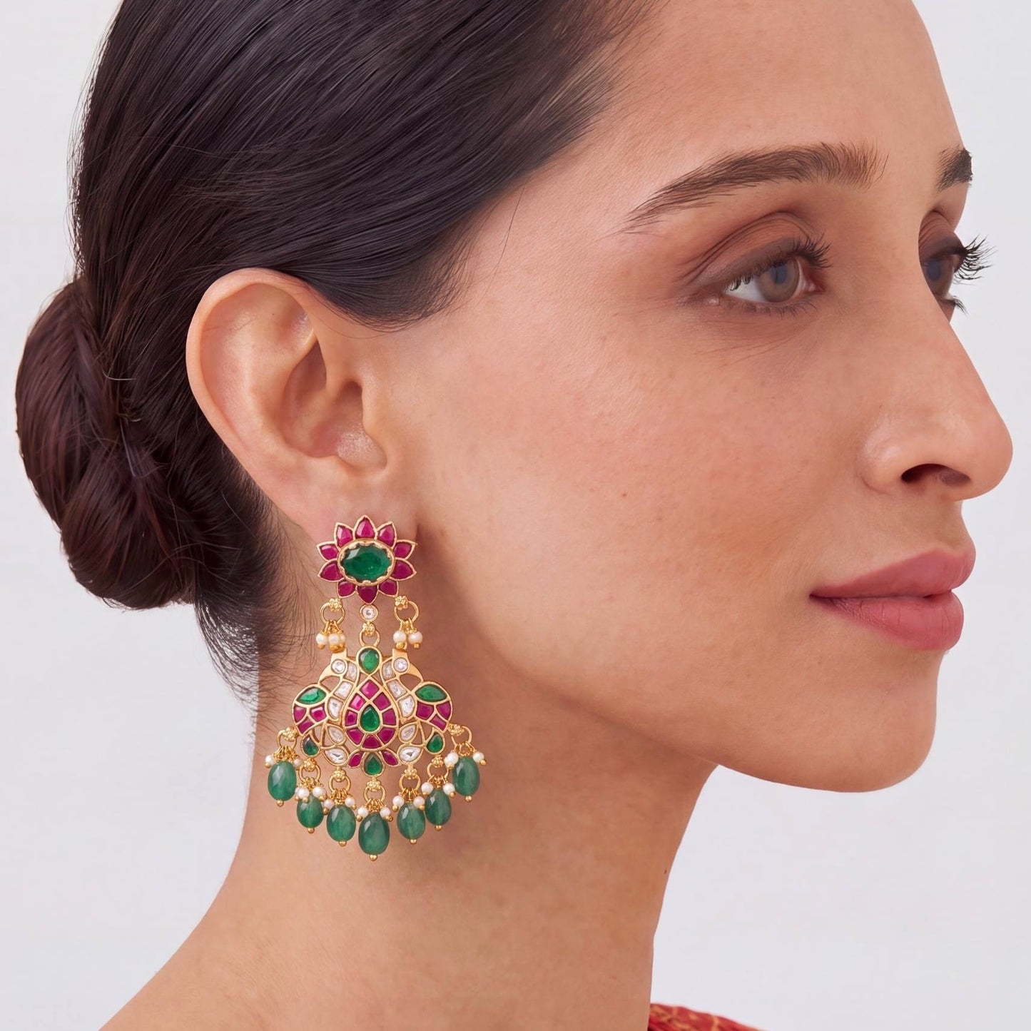 Phool Studded Jadau Kundan Chandbali Earrings With Emerald Bead Drops