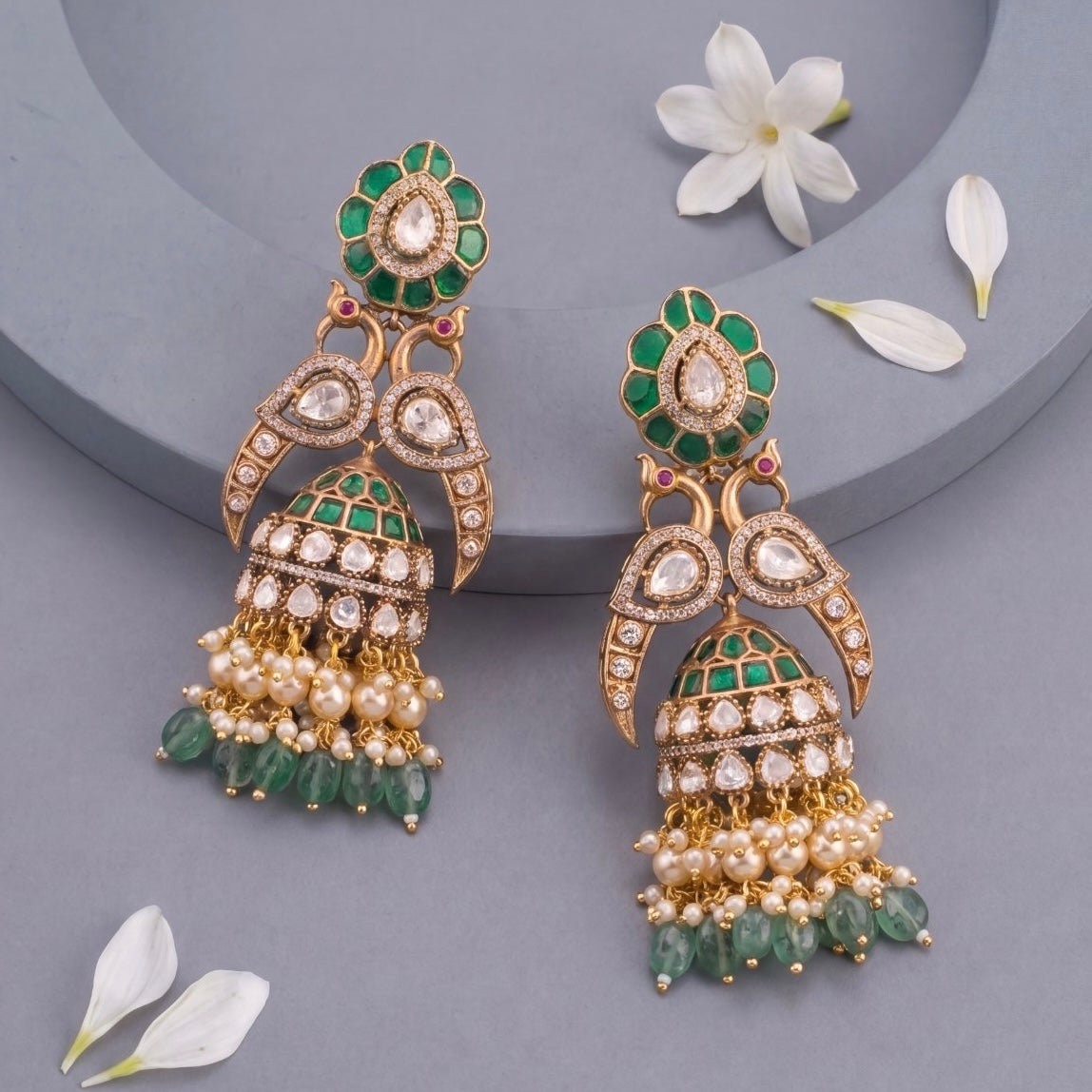 Bridal Polki Victorian Jhumka with Guttapusalu Hangings - Handcrafted Indian Bridal Jewelry by Dulhan Jewels