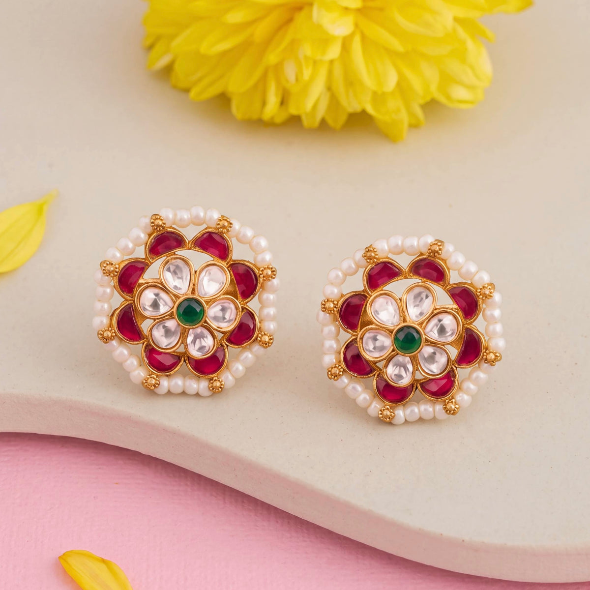 Jadau Kundan Stud Earrings With Floral Design - Handcrafted Indian Bridal Jewelry by Dulhan Jewels
