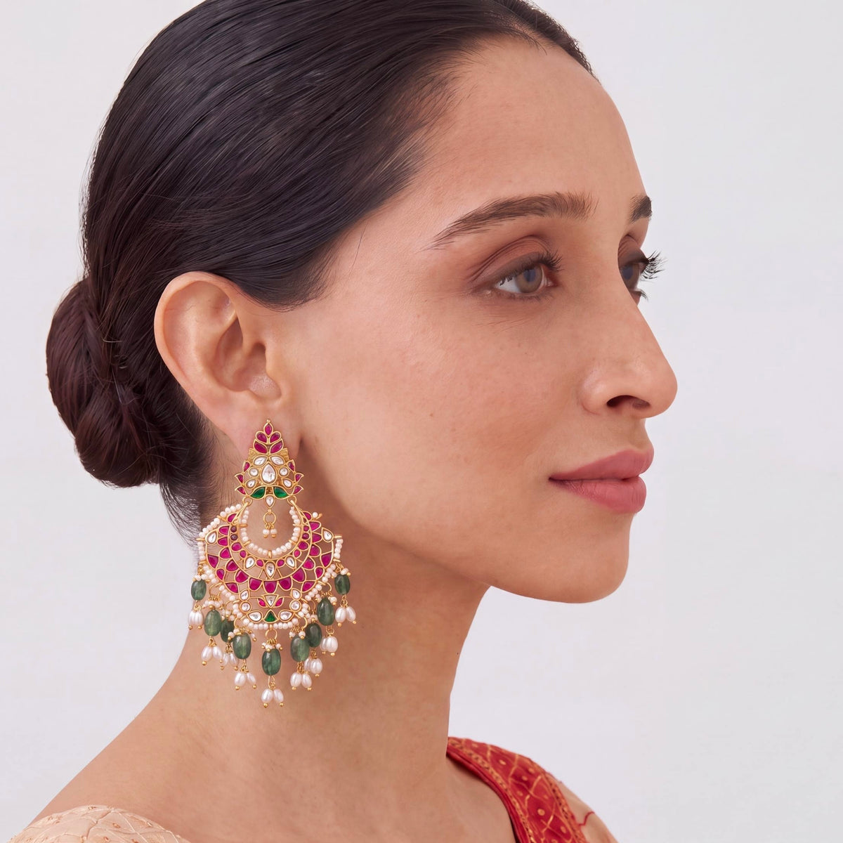 Radiant Jadau Kundan Chandbali Earrings With RicePearl Hangings