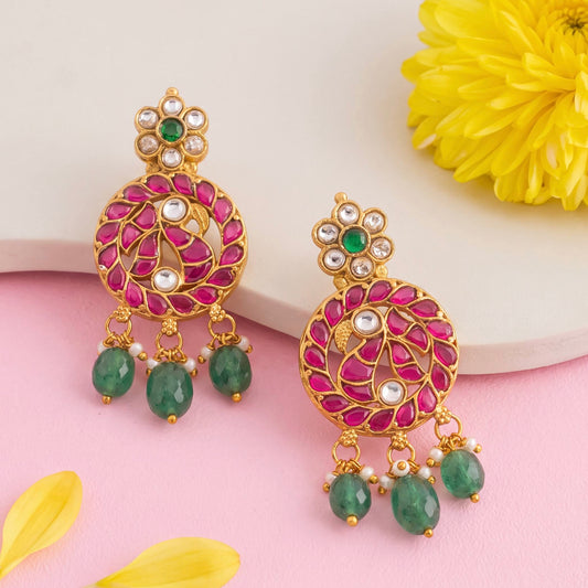 Unique Jadau Kundan Earrings With Emerald Drops - Handcrafted Indian Bridal Jewelry by Dulhan Jewels