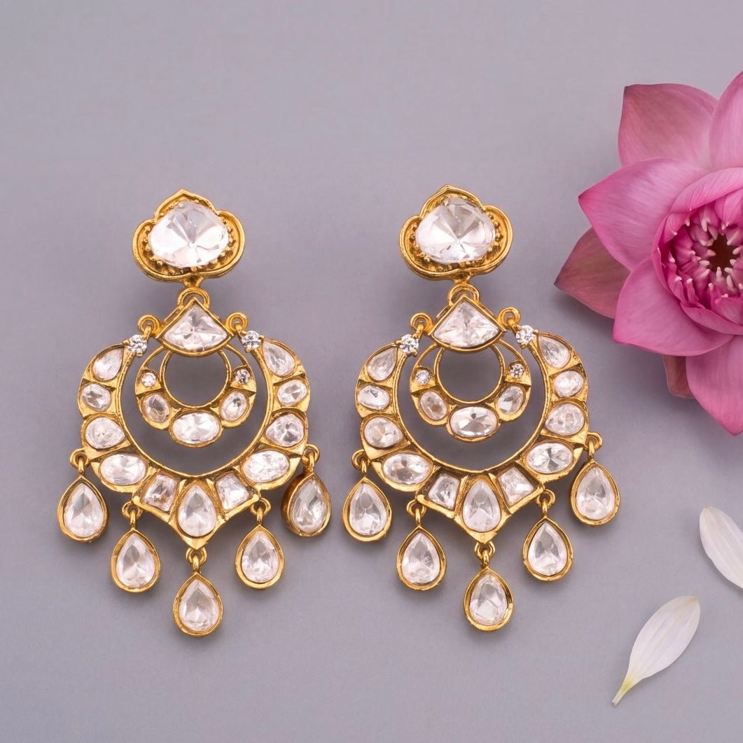 Elegant Polki 	Chandbali Earrings With White Hangings