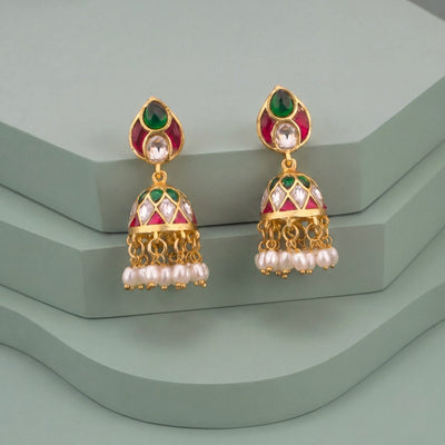 Multicolour Jadau Kundan Jhumki Earrings With Ricepearl Hangings