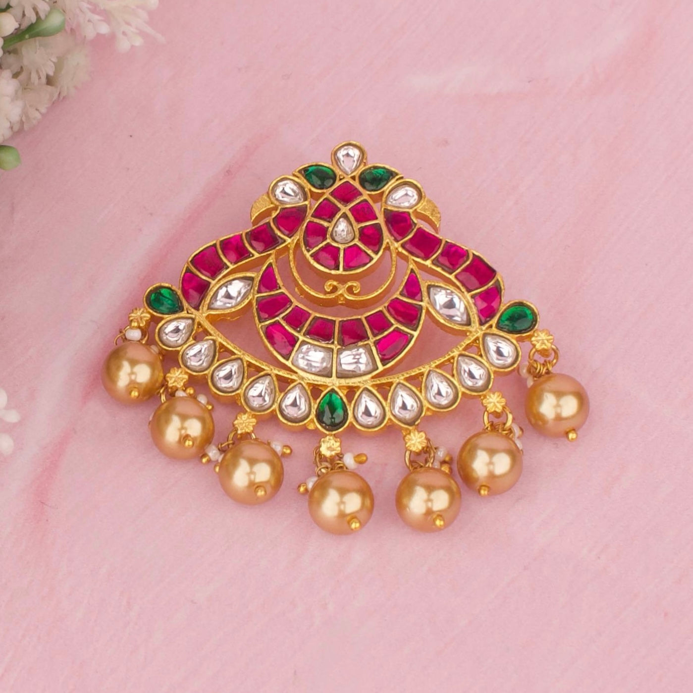 Designer Chand Motif Jadau Kundan Pendant With Golden Drops