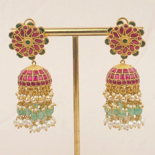 Bridal Floral Jadau Kundan Jhumka with Pearls and Emeralds