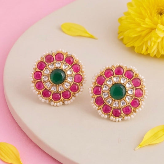 Floral Jadau Kundan Studs Earrings With Pearl Bordering