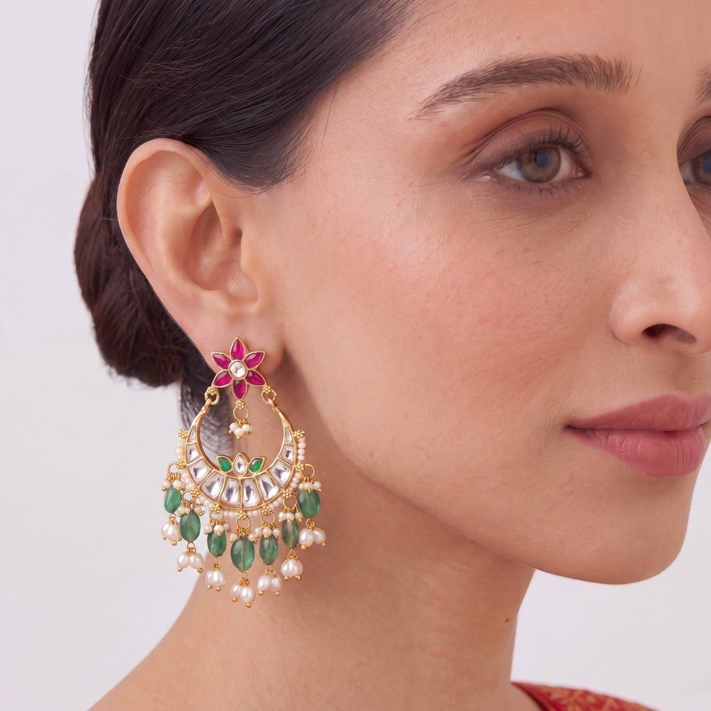 Traditional Jadau Kundan Chandbali Earrings With Ricepearl Hangings Craftsmanship & Detail View - Dulhan Jewels