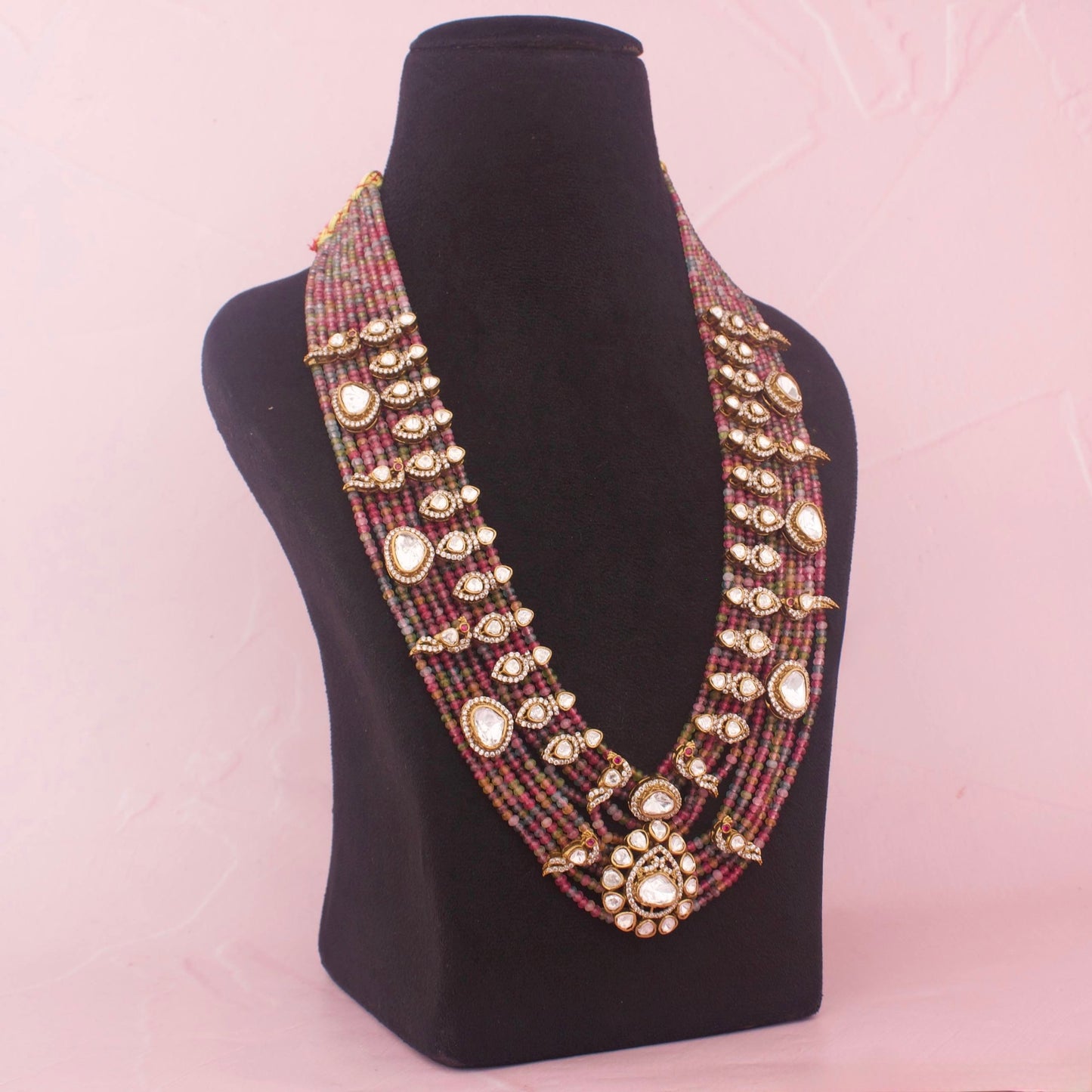 Bridal Moissanite Polki Rainbow Beads Mala With Earrings