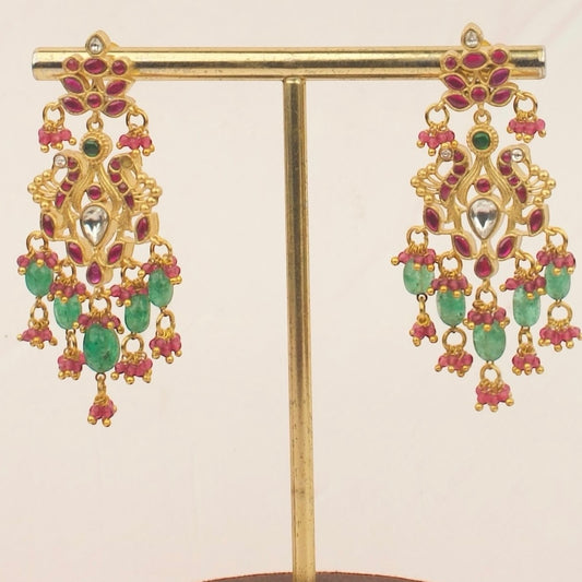 Regal Peacock-Inspired Jadau Kundan Chandbali Earrings with Emerald Drops