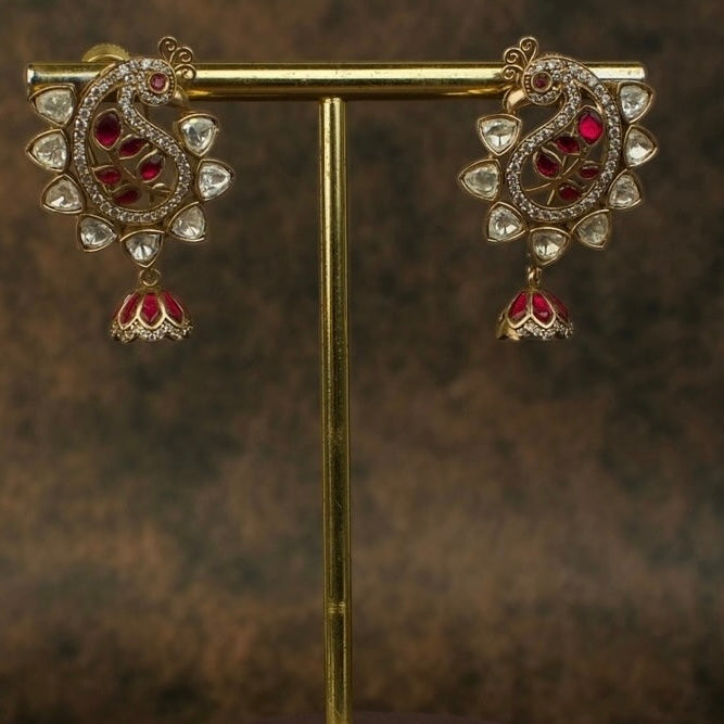 Peacock Studded Kundan Polki Jhumka Earrings