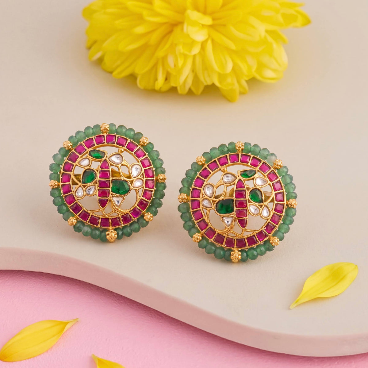 Heritage Jadau Kundan Stud Earrings With Mandala Design And Emerald Green Bead Border - Handcrafted Indian Bridal Jewelry by Dulhan Jewels
