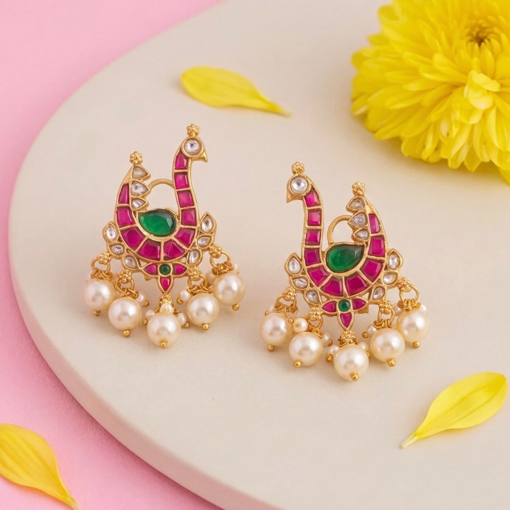 Designer Jadau Kundan Stud Earrings - Handcrafted Indian Bridal Jewelry by Dulhan Jewels