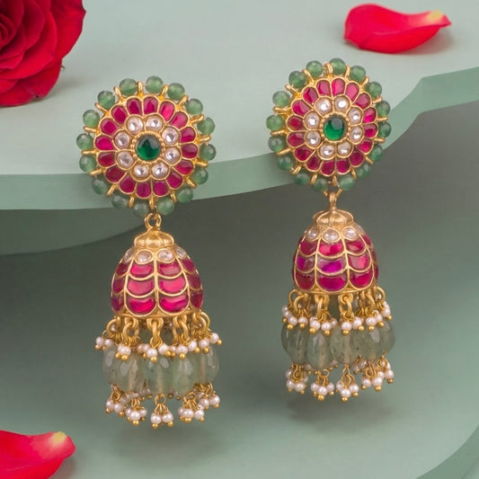 Beads Bordered Studded Jadau Kundan Jhumki Earrings