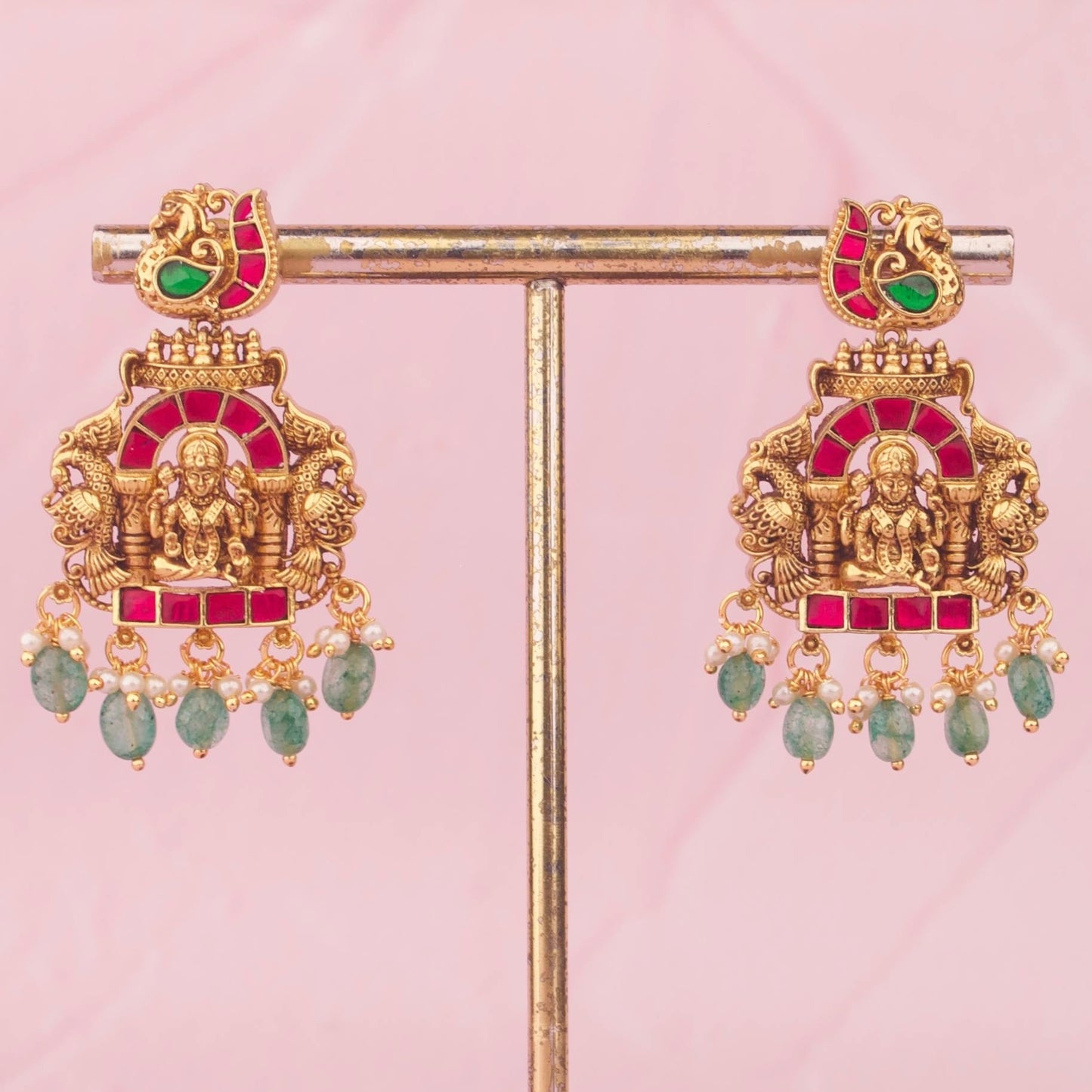 Heritage Lakshmi Devi Temple Haram Necklace With Emerald Hangings