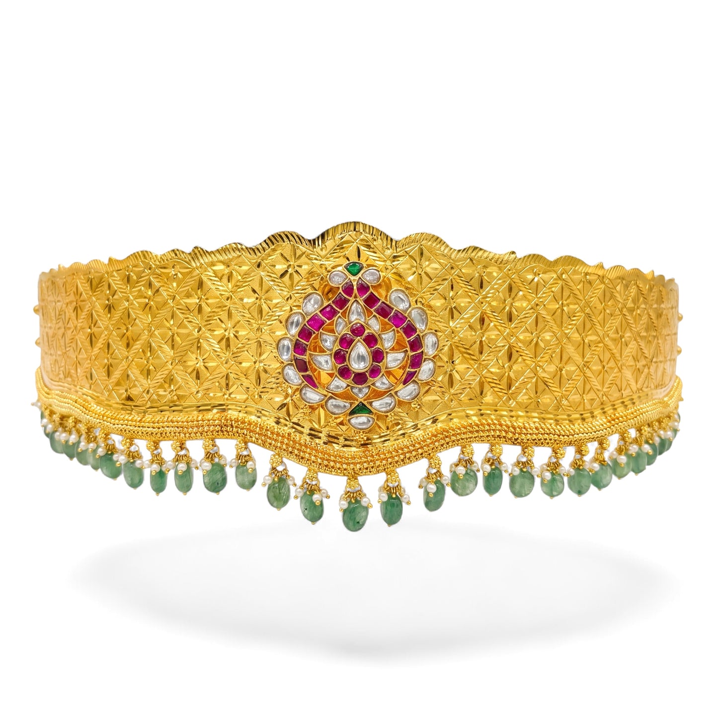 Elegant Jadau Kundan Vaddanam With Green Drops