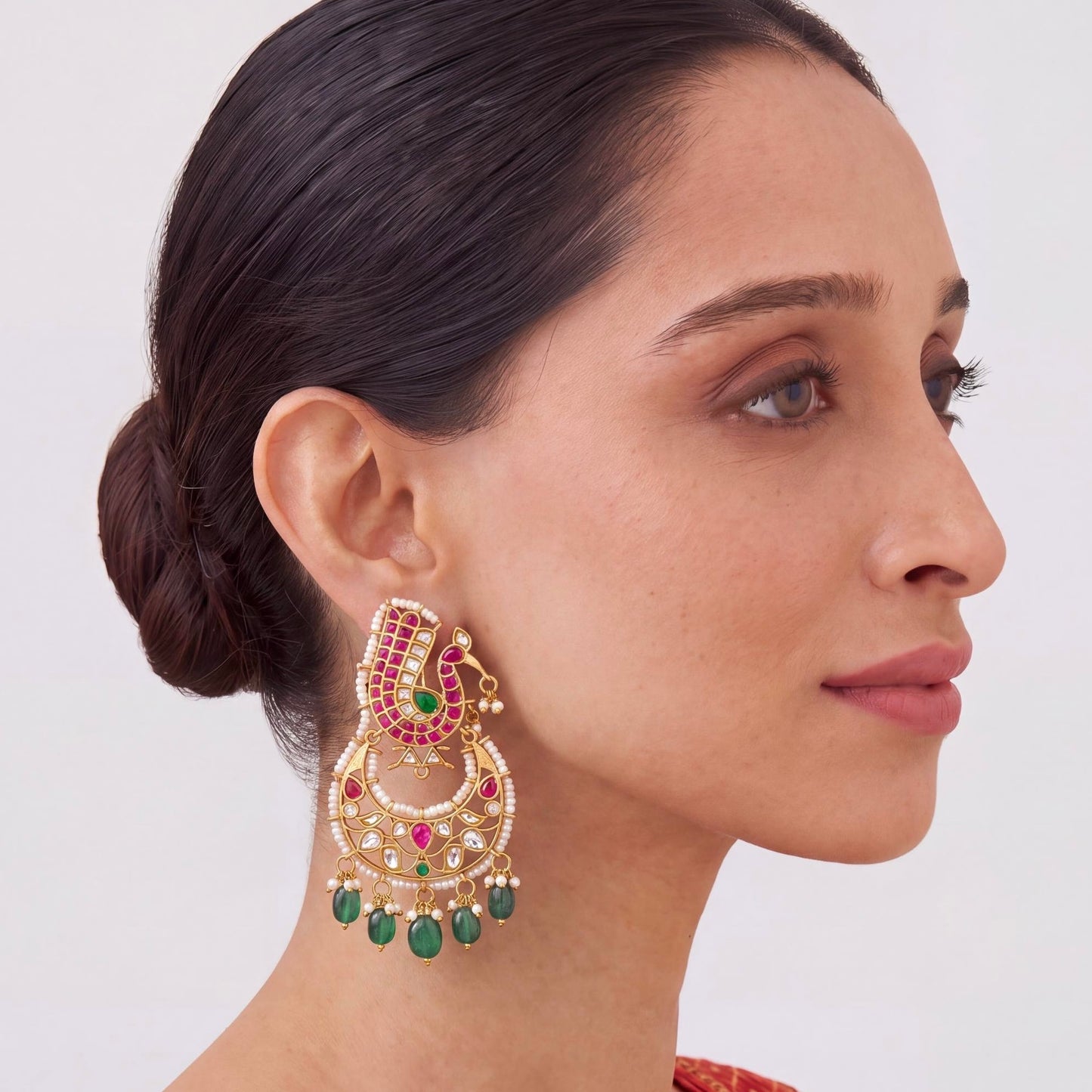 Regal Peacock Studded Jadau Kundan Chandbali Earrings Craftsmanship & Detail View - Dulhan Jewels